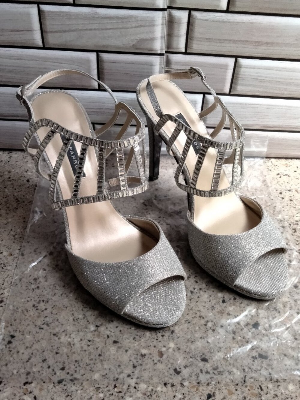 Silver / Rectangular Jewel Rhinestones Open Toe Evening Heel